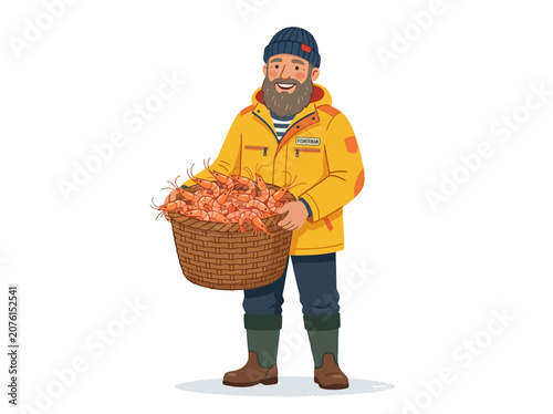 Fisherman holding large basket of seafood on a boat