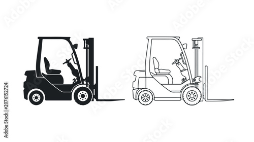 Industrial forklift vector icons, warehouse loader machinery silhouette and line art, heavy duty lifting equipment for logistics and shipping