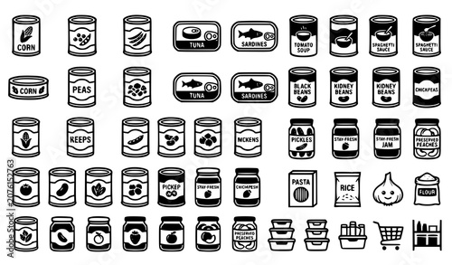Fotografía Black and white canned food icon set vector