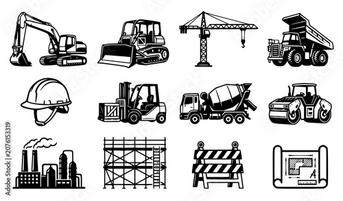 Canvastavla Heavy Construction Machinery and Civil Engineering Site Equipment Vector Icon Se