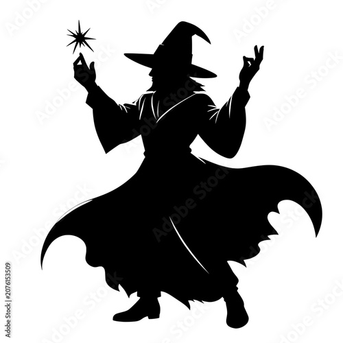 Tableau sur toile Black witch silhouette wearing a pointed hat and flowing cloak with both hands r