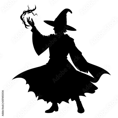 Quadro su tela Black witch silhouette wearing a pointed hat and flowing dress with raised hand