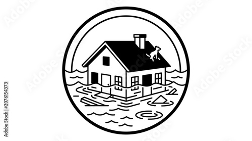 House Flooding Disaster Icon: Dog on Roof, Water Damage, Emergency
