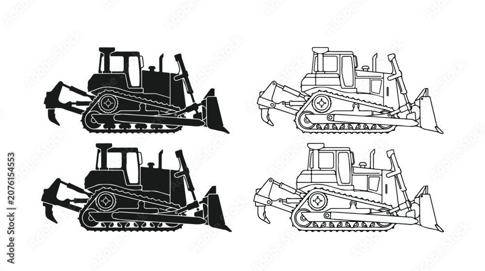 Obraz premium Heavy bulldozer vector silhouette and line art set, industrial crawler tractor icons, construction machinery equipment for earthmoving