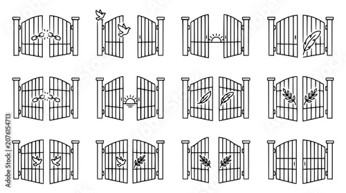 Photos Ornate Gate Icons Set: Open, Closed, Sunrise, Birds, Leaves - Vector Graphics