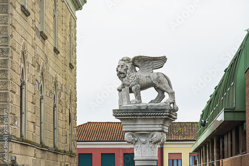 the San Marco Lion installed in front of Barbiani Building, Cavarzere, Venice