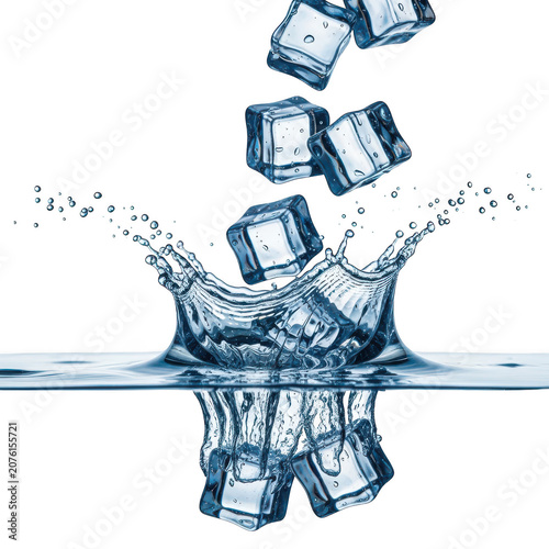 A close up view of ice cubes melting into water with a splash effect