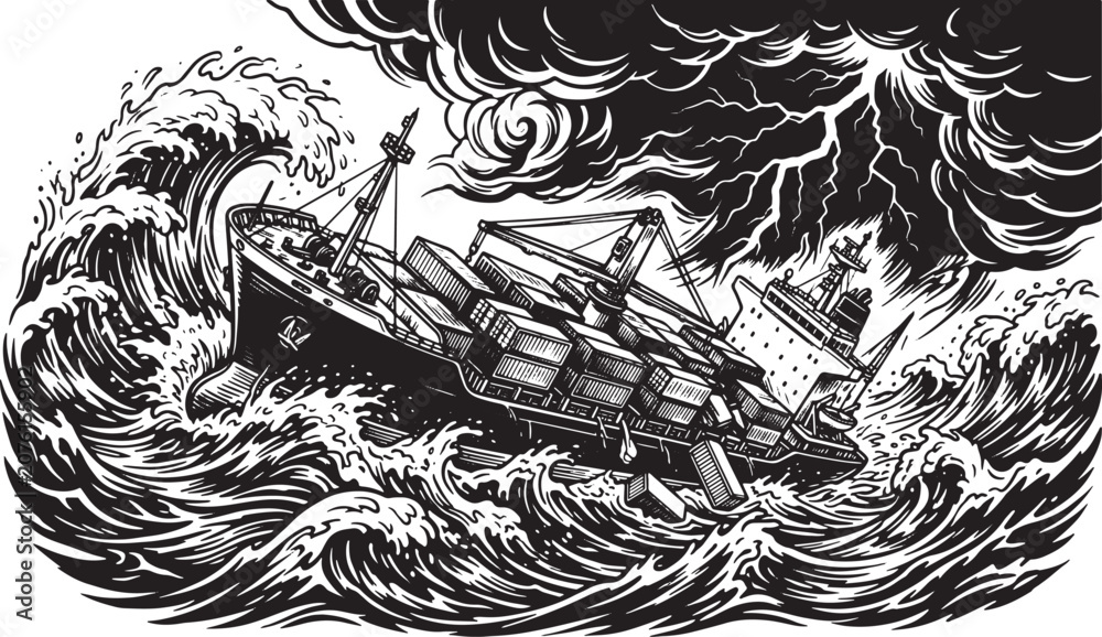 Obraz premium Container ship battling massive ocean waves during a fierce storm