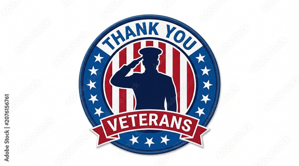 Fototapeta premium A circular embroidered patch design featuring a saluting soldier silhouette against an American flag background, with text honoring veterans.