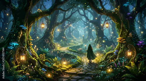 Canvastavla Witch Silhouette in Enchanted Forest Path with Glowing Lanterns, Drifting Firefl