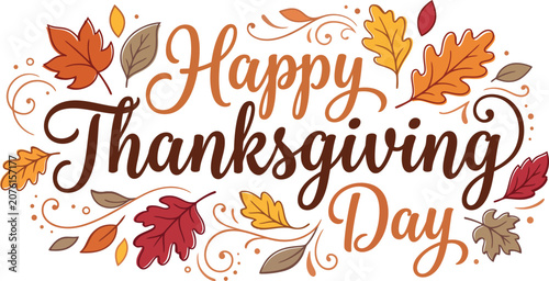 Thanksgiving Day Autumn Calligraphy Script with Fall Leaves
