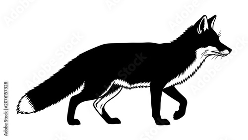 Fotografie Black Fox Illustration: A stylized illustration of a black fox with a bushy tail walks with a confident stride, showcasing its sleek form and alert posture