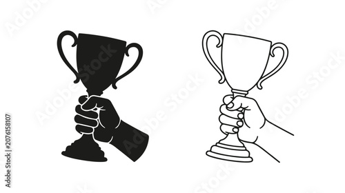 Minimalist hand holding trophy cup vector, champion award silhouette and line art icons, sports victory and success achievement symbols