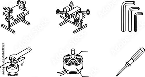 Foto Technology  Hobbies: RC Drone and Quadcopter Assembly, Maintenance, and Repair Tools and Components Black and White Line Art Icons