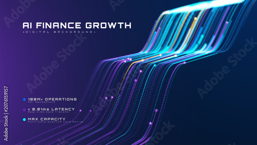 Canvastavla Abstract Blue Ai Finance Growth Background With Cyber Technology Concept And Fast Speed Glow Neon Particle Line Graphic Design, Bright Light Digital Data Market Economy System
