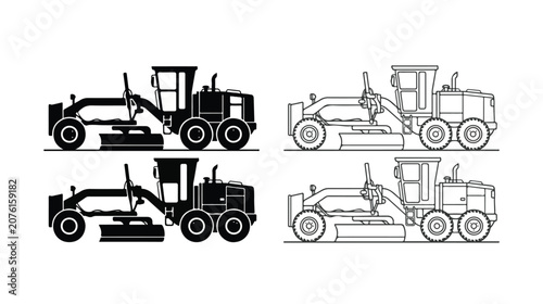 Motor grader vector icons set, heavy construction machinery silhouettes and line art, industrial road leveling equipment for civil engineering design