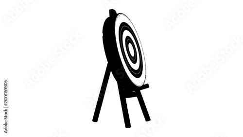 Canvastavla Target Stand in Black and White: A classic archery target, displayed on a sturdy wooden stand, awaits its mark