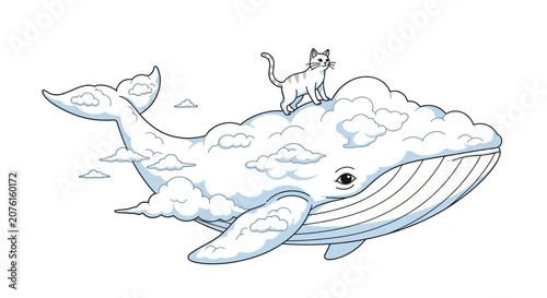 Fényképezés Whimsical Cat Riding a Cloud Whale in the Sky