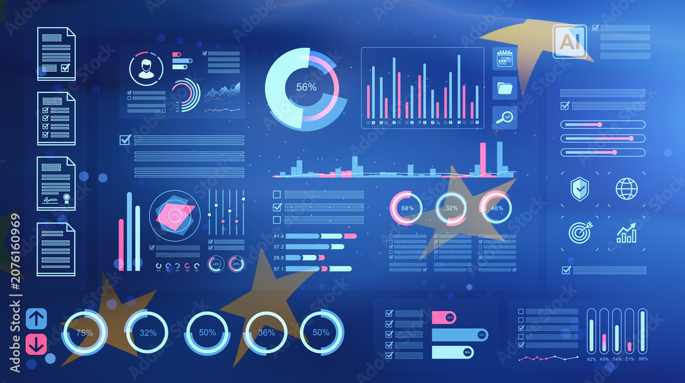 Naklejka premium Abstract dashboard of data charts, analytics panels and interface elements overlaid with european flag stars on a blue digital background in modern infographic style. 3D Rendering