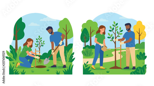 Foto People working together to plant trees and care for nature, fostering environmen