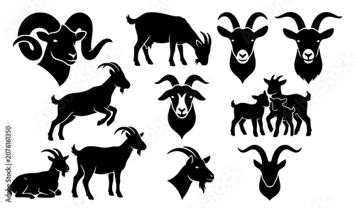 Canvas Print Black Goat and Ram Silhouette Collection with Farm Animals Horned Livestock Vect