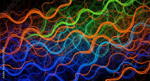 Fotografie Colorful Fluorescent Microscopic Image of Neuronal Network