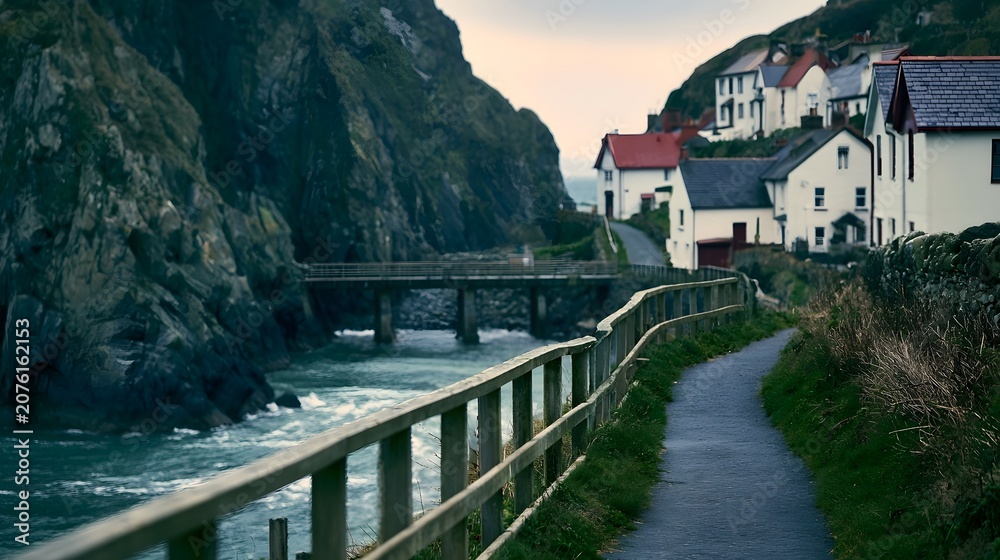 Fototapeta premium A peaceful coastal village features winding paths and charming bridges that evoke a sense of tranquility and inspi n