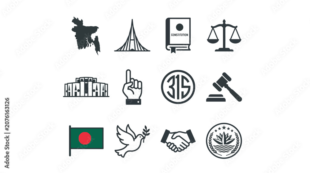Fototapeta premium Bangladesh Icons: Map, National Symbols, Justice, Peace, Government
