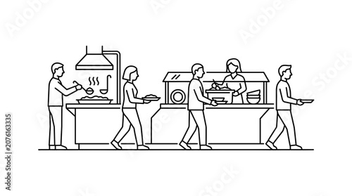 Cafeteria Line Illustration: People Queueing for Food Service