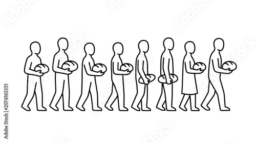 Diverse people in line holding loaves of bread, symbolizing community and sustenance