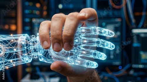 Human Hand Grasping Holographic Robotic Hand in Server Room for AI Collaboration Concept
