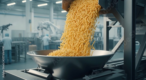 Automated Processing Line Pouring French Fries into a Large Metal Bowl in a Food Factory