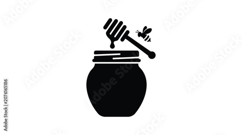 Foto Honey jar with dipper and bee black silhouette pot container sweet nectar