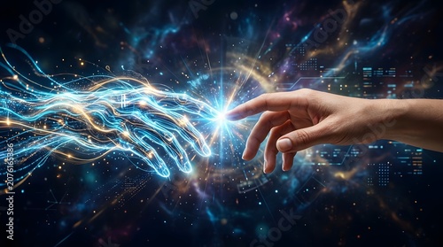 Human Hand Touching Digital AI Hand, Artificial Intelligence and Future Technology Connection Concept