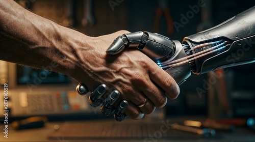 Human and Robot Handshake: AI Cooperation and Technological Partnership Concept