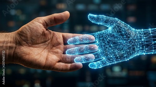 Human and Digital AI Wireframe Hand Shaking Hands for Technology Innovation
