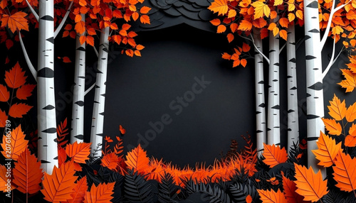 Autumn birch forest paper cut landscape frame background