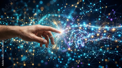 Human and AI Hands Touching in Digital Data Network