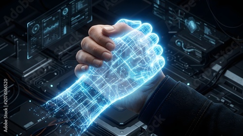 Human Hand Clasping Glowing Digital Hologram Hand of Artificial Intelligence
