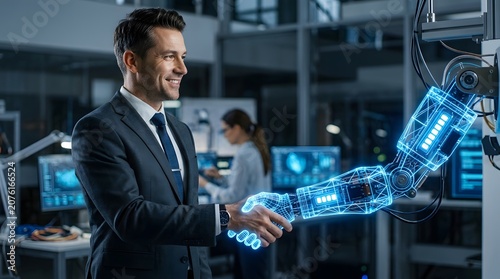 Businessman Shaking Hands with Futuristic Robotic Arm in High-Tech Lab