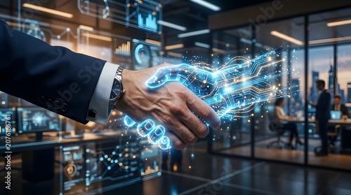 AI Partnership: Businessman Shaking Hands with Digital Holographic Artificial Intelligence in Futuristic Office Environment