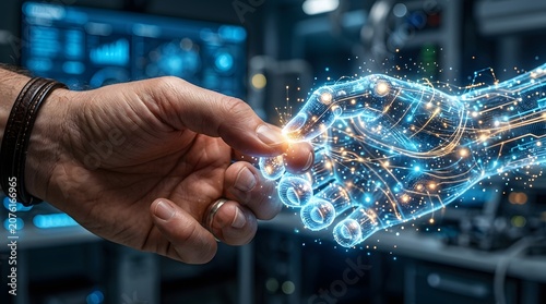 Futuristic Human and AI Robot Hand Touch in Digital Technology Lab