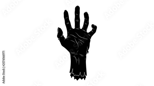 Obraz na plátně Reaching Out: A stylized black hand, appearing skeletal or decayed at the fingertips, reaches upwards against a stark white background, symbolizing a desperate plea or a reaching for help