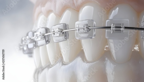 Transparent ceramic braces on upper teeth close up. Aesthetic orthodontics and invisible alignment. Patient smiling with clear brackets and metal wire