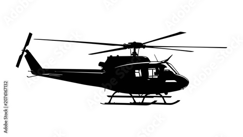 Tableau sur toile Helicopter Silhouette: A sleek black silhouette of a utility helicopter is depicted in profile against a clean backdrop, highlighting its aerodynamic form and rotary-wing design