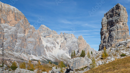 Panoramic Dolomite mountain landscape with Cinque Torri rock formations in Italy