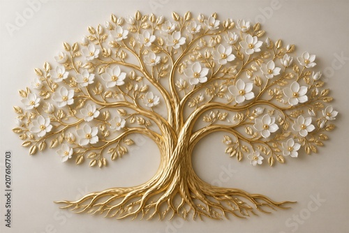 Ornate gold tree relief with floral motifs on wall