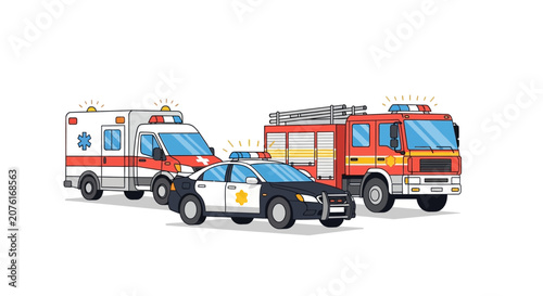 Emergency Services Vehicles: Ambulance, Police Car, Fire Truck on White Background