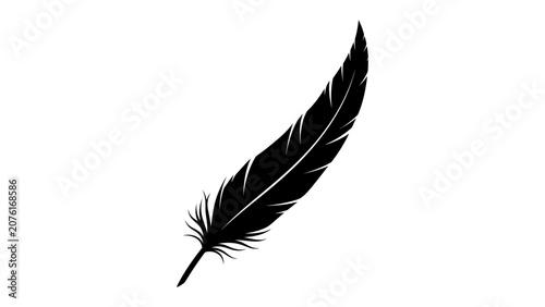 Fotografie Black Feather Silhouette: A solitary black feather, rendered in a stark silhouette, stands as a symbol of lightness and elegance, hinting at freedom and natural grace