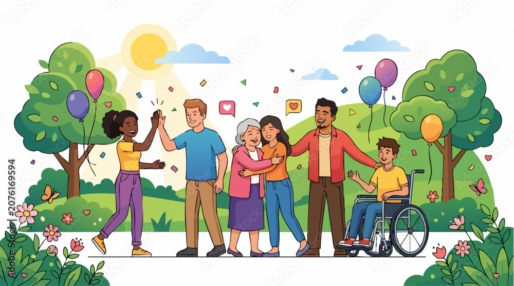 Fototapeta premium Diverse community celebration in a sunny park, inclusive multi-generational group vector, happy people and disabled boy in wheelchair outdoors